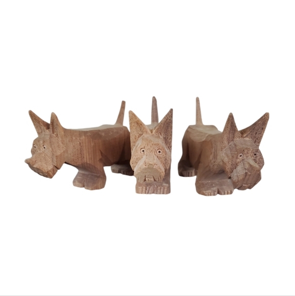 Hand Crafted Other - Primitive Wood Scottish Terrier Handcraved Detailed Set Of 3 MCM ~ Pre-Owned